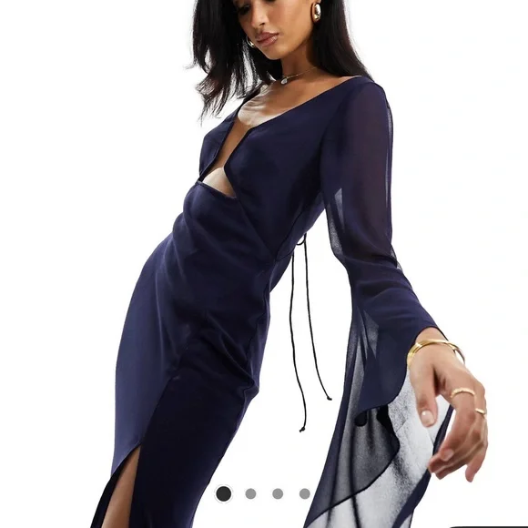 ASOS Midi Flowy Long Sleeve Cutout Dress in Navy - Picture 1 of 8